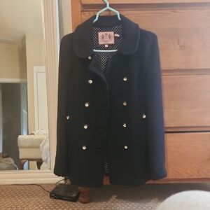 Juicy Couture Navy Pea Coat with Gold Buttons 29 Inches Long . Good Condition